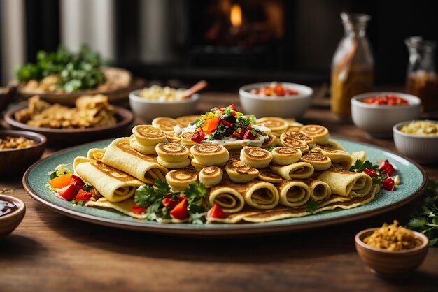 verticale opname van heerlijke veganistische tofu-pannenkoeken met kleurrijk fruit