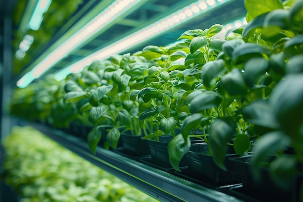 Verticale plantenboerderij specialisten praten op een lift met een rek met verse basilicum gewassen Vrouwelijke en mannelijke boeren werken binnen Multilayer Hydroponics Farm met Led verlichting op de achtergrond