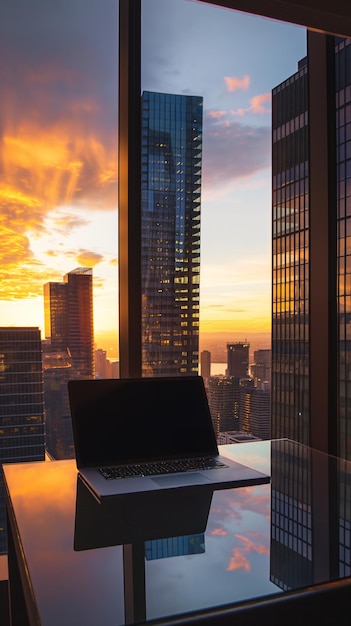 Verticale poster van een bureaublad met een open laptop voor een raam in een kantoor op een hoogbouw