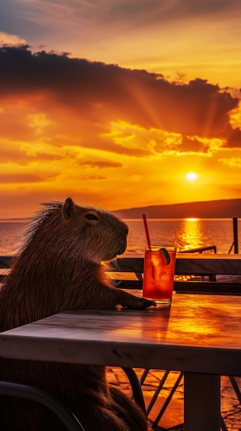 Verticale poster van een capybara met een cocktail zit aan een tafel in een café bij de zee