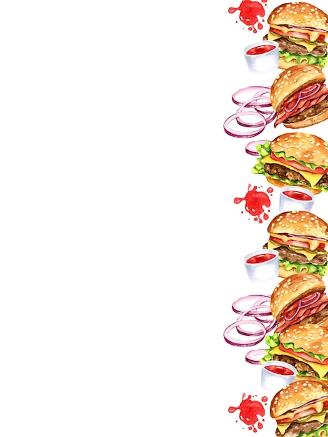 Verticale rand met verschillende smakelijke hamburgers uiensaus spatten aquarel hand getekende illustratie