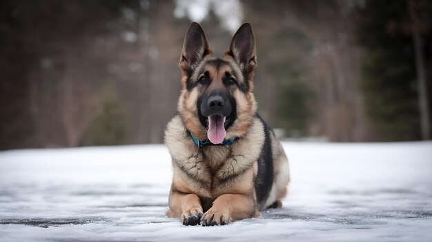 Verticale selectieve close-up opname van een Duitse herdershond die op een besneeuwd oppervlak zit