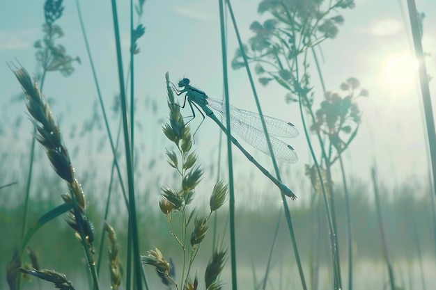 Verticale selective focus opname van een blauwe damselfly die op een plant rust