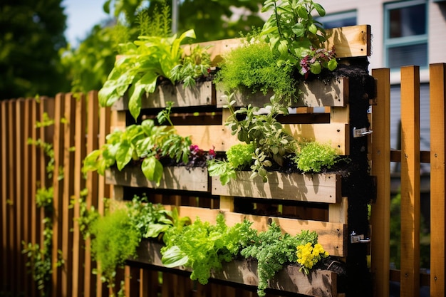 Verticale tuin gerecycled pallets en hangende planten Generatieve AI