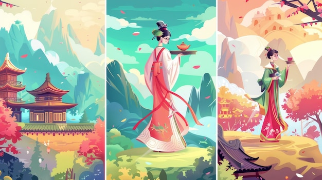 Foto verticale vlag van china en de chinese cultuur aziatische vrouw met traditionele kimono draagt dienblad met pot en bekers voor de theeceremonie authentieke gebouwen en landschappen cartoon moderne illustratie