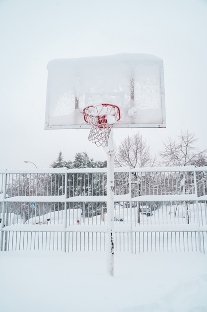 Verticale weergave van bevroren basketbal buitenshuis.