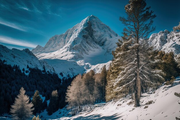 Verticale weergave van een besneeuwde berg te midden van een bos bij de Col de la Lombarde