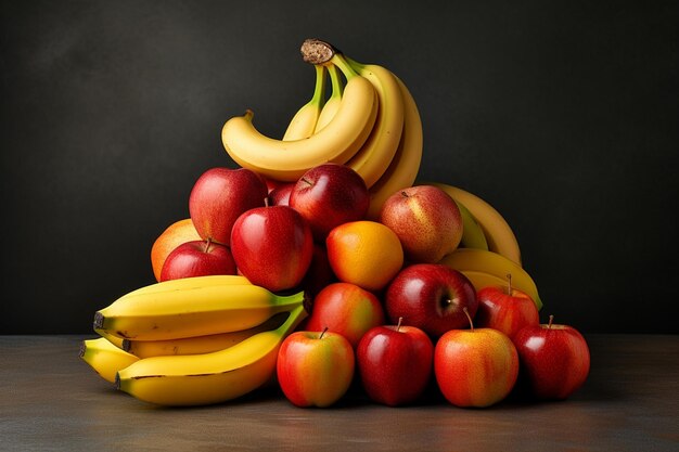 Verticale weergave van vers, gehakte en hele bananen op een donkere achtergrond