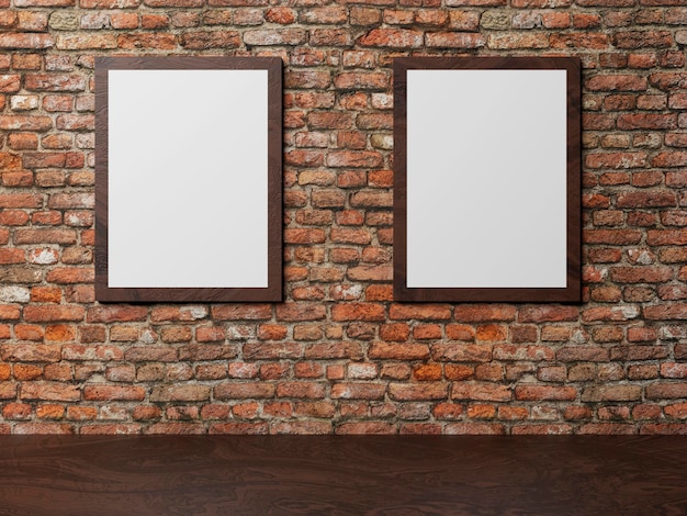 Verticalframes mockups on brick wall with wooden floor Interior with white photo frame 3d render