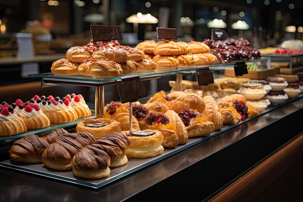 Vertoning met verse gebakjes en desserts in de supermarkt klanten selecteren snoep Generatieve AI