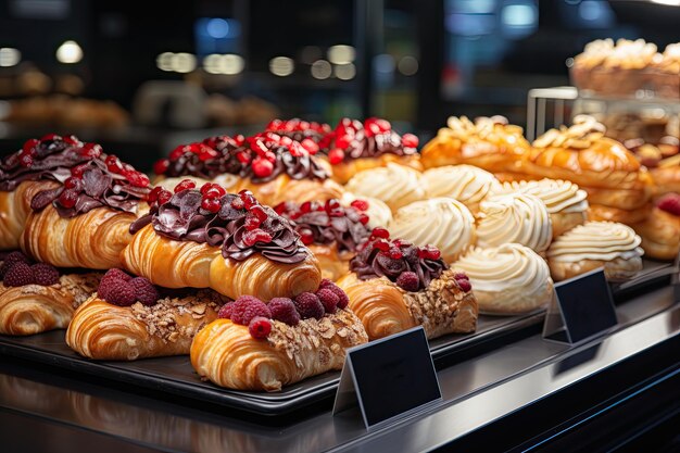 Foto vertoning met verse gebakjes en desserts in de supermarkt klanten selecteren snoep generatieve ai