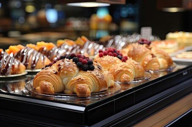 Vertoning met verse gebakjes en desserts in de supermarkt klanten selecteren snoep Generatieve AI