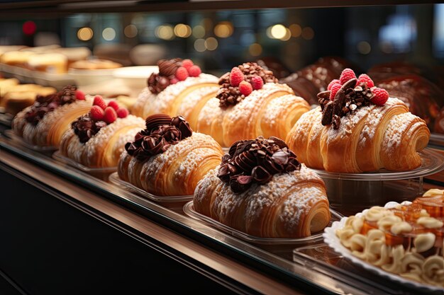 Vertoning met verse gebakjes en desserts in de supermarkt klanten selecteren snoep Generatieve AI