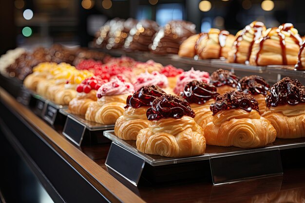 Vertoning met verse gebakjes en desserts in de supermarkt klanten selecteren snoep Generatieve AI