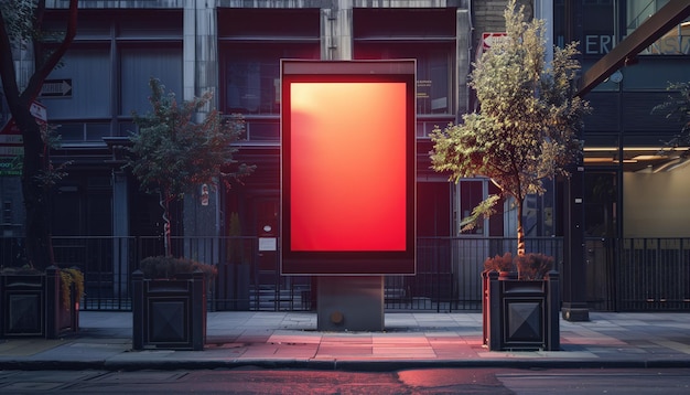 Vertoning van een rood, leeg, schoon model van een billboard of een bord voor aanbiedingen of reclame in een openbare ruimte