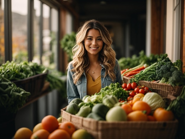 Vertoning van producten op een vervaagde achtergrond van een verse markt op straat Selectieve focus op verschillende groenten