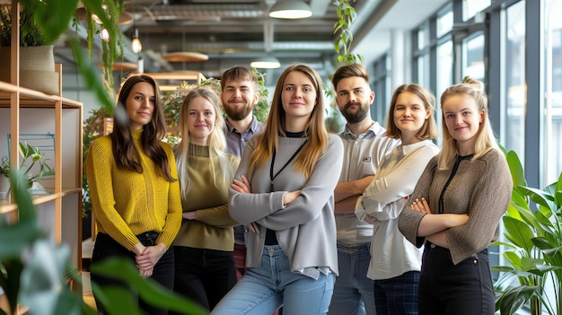 Vertrouwend en succesvol zakelijk team dat samen staat in een moderne kantoorruimte