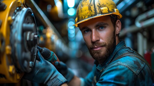 Foto vertrouwende industriële werknemer op de werkplaats man in veiligheidshelm staart aandachtig veiligheid en industriële werkconcept portret van een professional in de productie ai