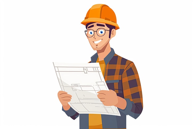 Vertrouwende ingenieur in harde hoed met blauwdrukken plat ontwerp illustratie op witte achtergrond