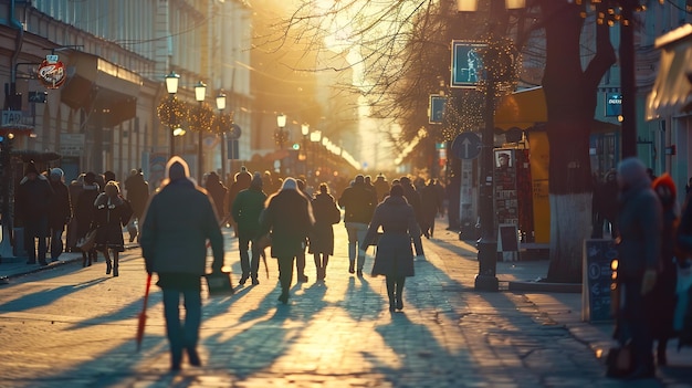 Vervaagde hoofdstraat van een grote Oekraïense stad bij zonsondergang gouden uur in de winter met b Generative AI