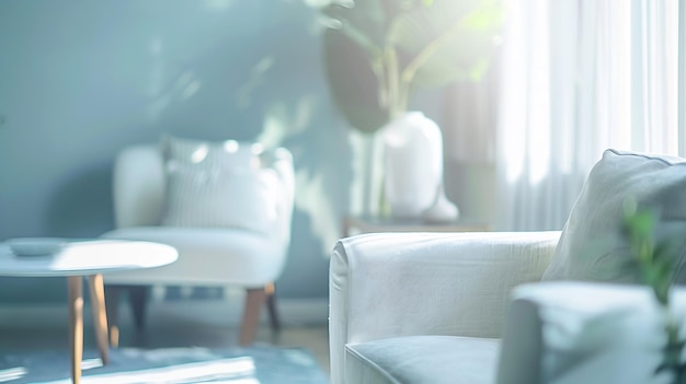 Vervaagde weergave van het interieur van de woonkamer met witte bank, fauteuil en koffietafel Generatieve AI