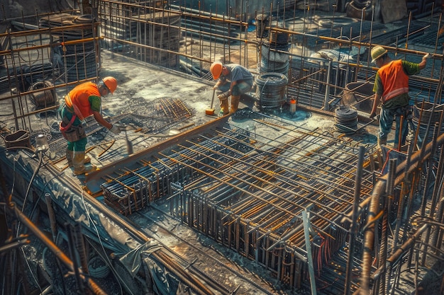 Vervaardiging van staalbewapeningsstaven op bouwplaats door arbeiders