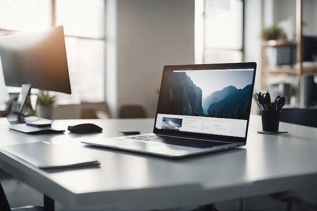 Vervagen beeld van moderne kantoorwerkplek met vooraanzicht laptop op witte tafel