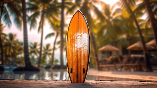 Foto vervagen surfplank en palmtak op tropisch strand abstracte achtergrond reisconcept generatieve ai