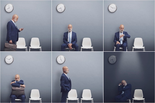 Verveelde zakenman zit in de wachtkamer, hij wacht vele uren op een sollicitatiegesprek en valt in slaap in een reeks collage