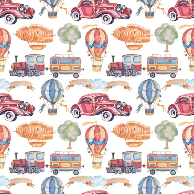 Vervoer auto trein aanhangwagen ballon luchtschip naadloze aquarel illustratie hand getekende clipart baby schattig Set grote vintage retro typemachine boom lint voor inscriptie foto's voor kinderdagverblijf p