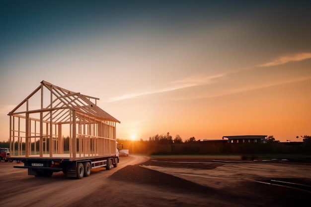 vervoer van een modulair framehuis per vrachtwagen levering van het frame van het huis