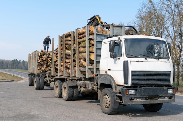 Vervoer van hout op een vrachtwagen met een aanhanger op de snelweg Industriële vrachtwagen voor het vervoer van hout Hernieuwbare natuurlijke hulpbronnen houtmachine Houtexport- en verzendingsconcept