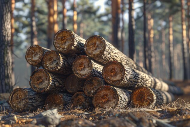 Vervoer van stapel dennenstammen in afwachting