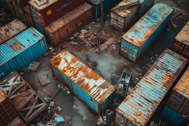 Vervoeren van veelkleurige oude containers met corrosie bij bewolkt weer