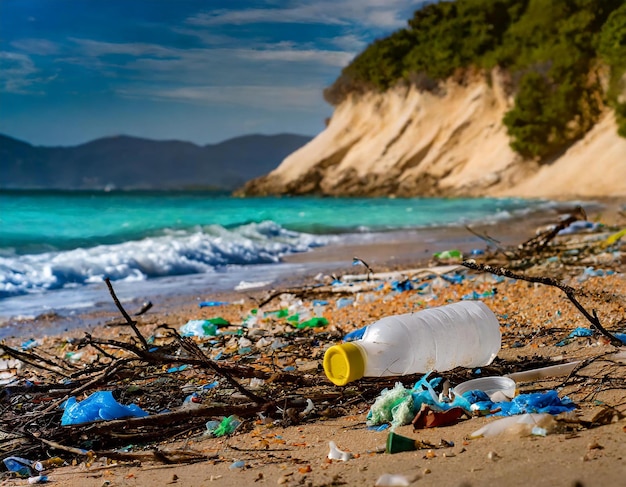 Vervuild strand vol plastic.