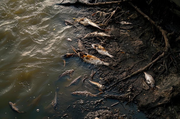 Vervuilde rivier Het water is bruin en troebel en er drijven dode vissen op het oppervlak