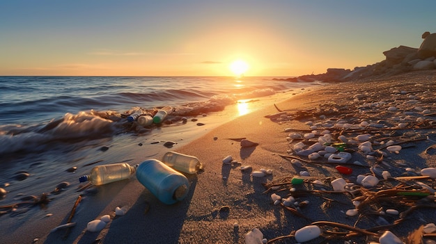 Vervuiling door plastic flessen op het strand