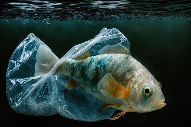 Vervuiling door plastic is een zorg voor het milieu Gevangen vis in een plastic zak Generatieve AI