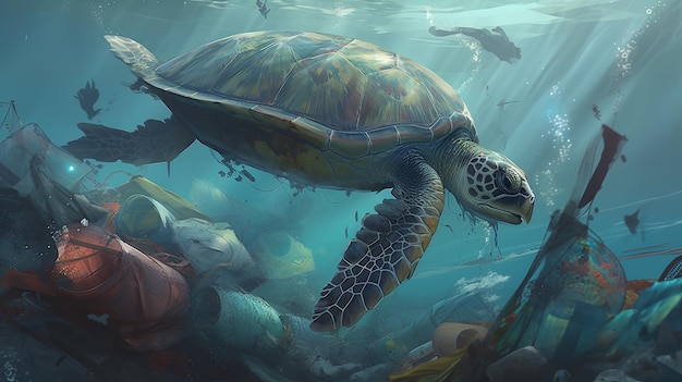 Vervuiling door plastic Verwoestende impact op het leven in zee Geïllustreerde generatieve AI