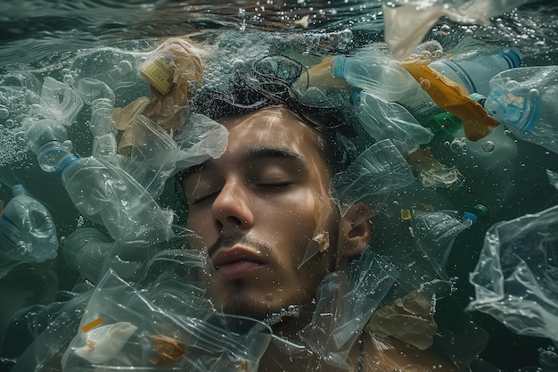 Foto vervuiling milieu sociaal probleem concept een man die in het water drijft met een hoop plastic vuilnis