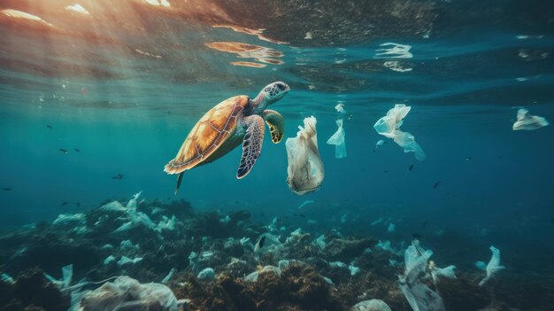 vervuiling van de oceaan zeeschildpad zwemt in water bezaaid met plastic zakken milieukrisis banner hoge kwaliteit