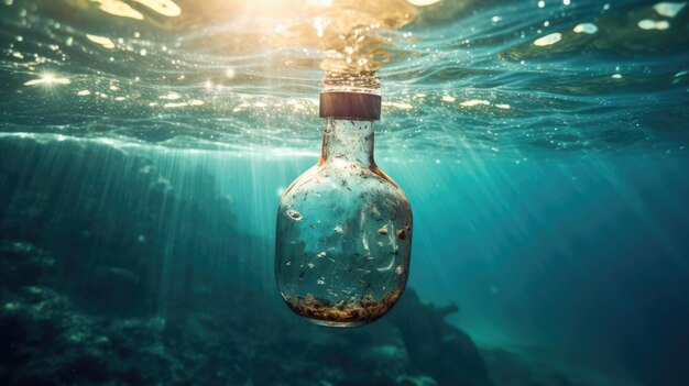 Vervuiling van plastic waterflessen in het oceaanmilieubeschermingsconcept Generetive AI