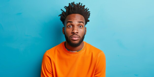 Verward Afro-Amerikaanse man in oranje top tegen blauwe achtergrond met kopieerruimte
