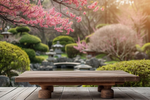 Verweerd houten productdisplay met Japanse sakura op de achtergrond