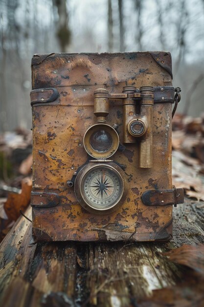 Foto verweerd kompas en verrekijker op rustiek hout