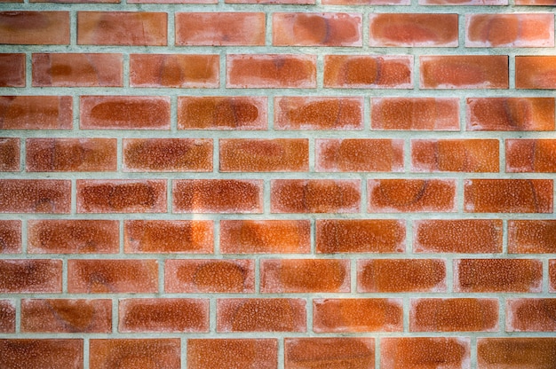 Verweerd oranje bakstenen blok op cementmuur. Vintage en retro achtergrond