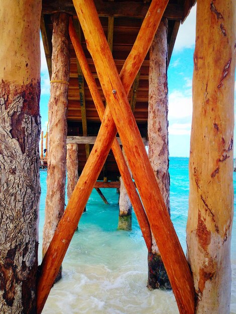 Foto verweerde houten paal onder de steiger in de zee