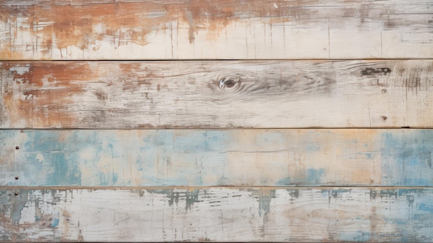 Verweerde houten planken met afvallende blauwe en oranje verf