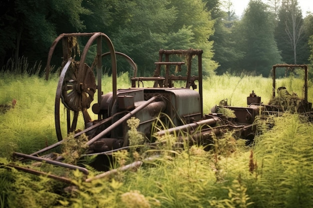 Verweerde vintage landbouwmachines in overwoekerd veld gemaakt met generatieve AI