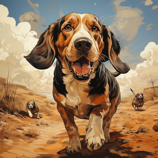 Verwelkomende Basset Hound Illustratie van een hardlopende voorwaartse